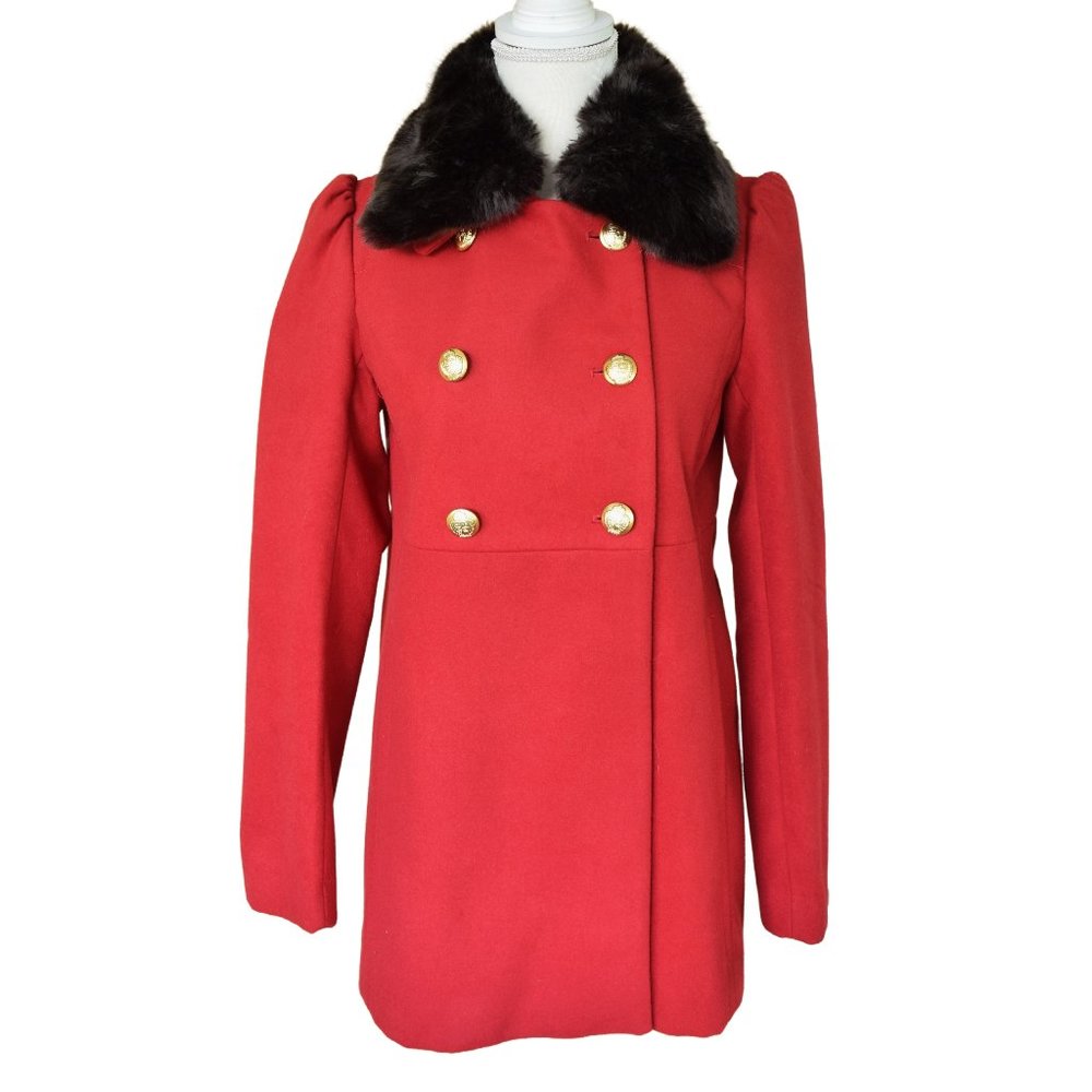 Express Red Double-Breasted Pea Coat Faux Fur Collar (Detachable)